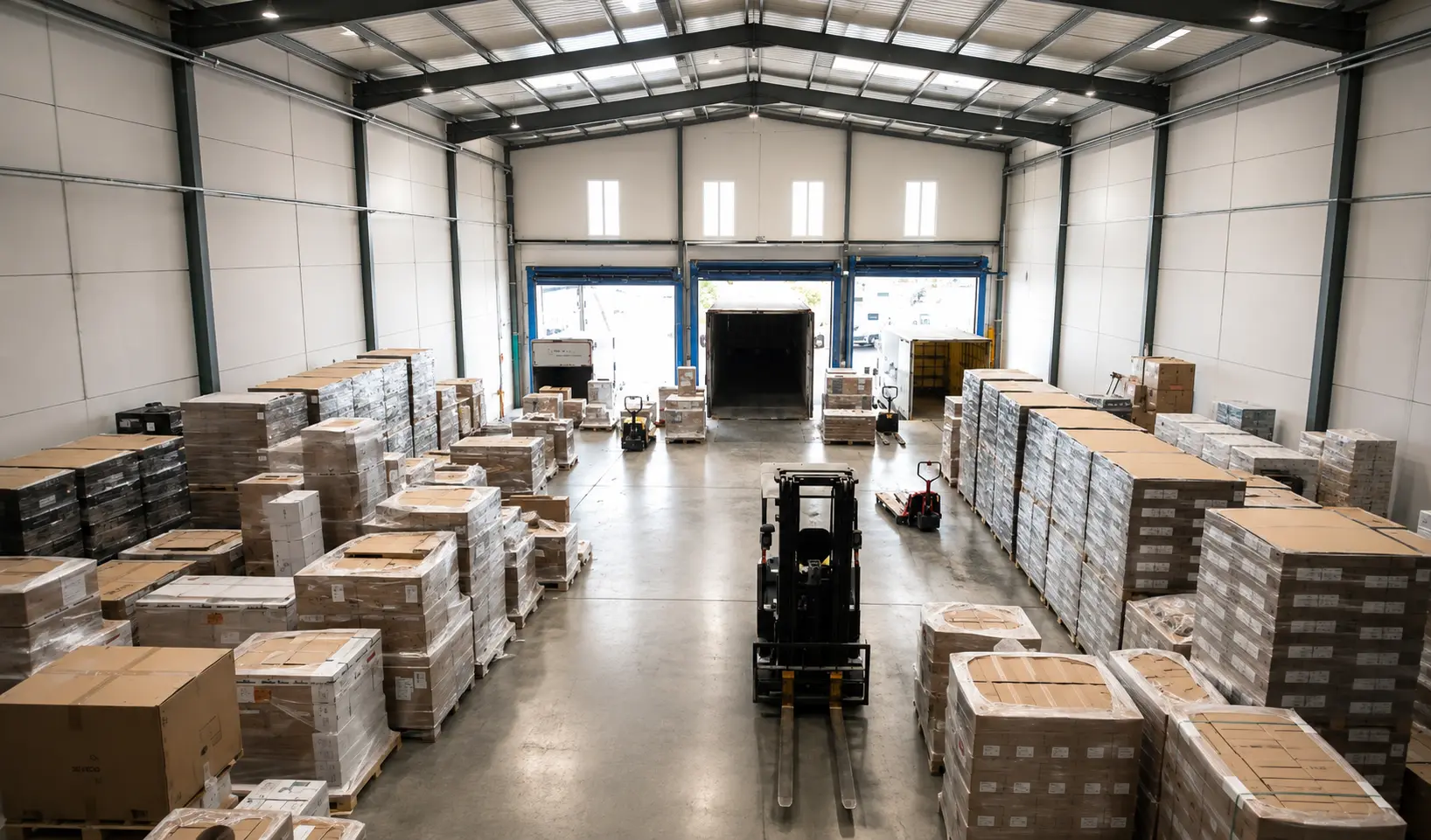 Mercancía organizada en estanterías industriales